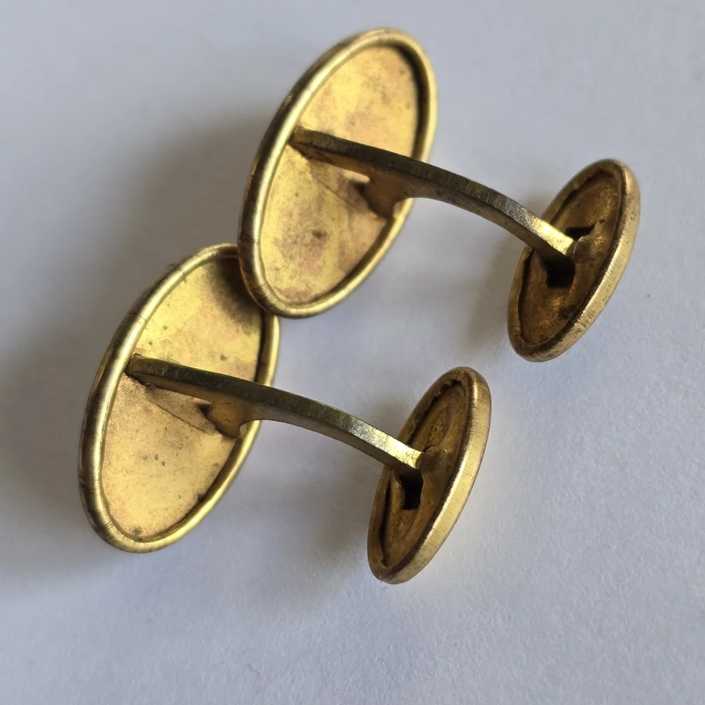 Vintage cuff links gold tone oval engraved leaves lines edwardian art deco